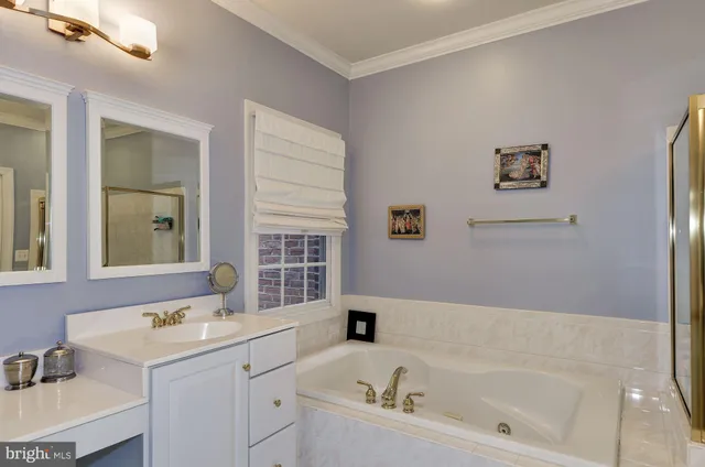 a bathroom with a tub sink and mirror