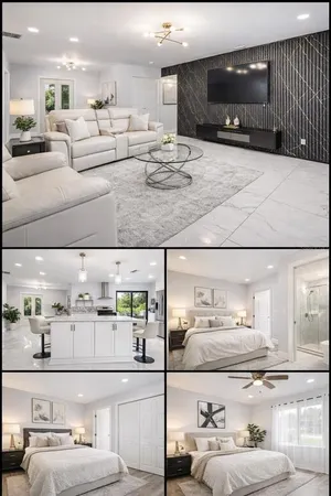 a living room with furniture and a mirror