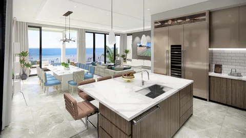 a living room with granite countertop furniture and a large window