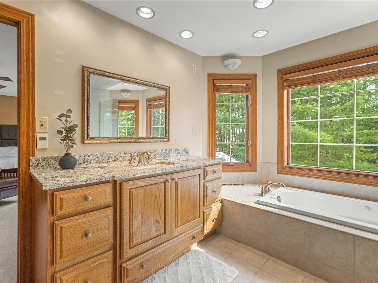 11575 Aberdeen Road Belvidere, IL 61008 - Photo 22 of 46 a bathroom with a granite countertop sink mirror bathtub and next to a window