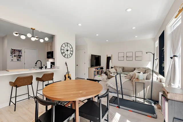 a view of a dining room with furniture