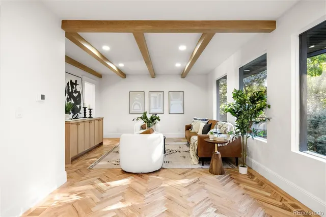 a living room with a couch and a potted plant