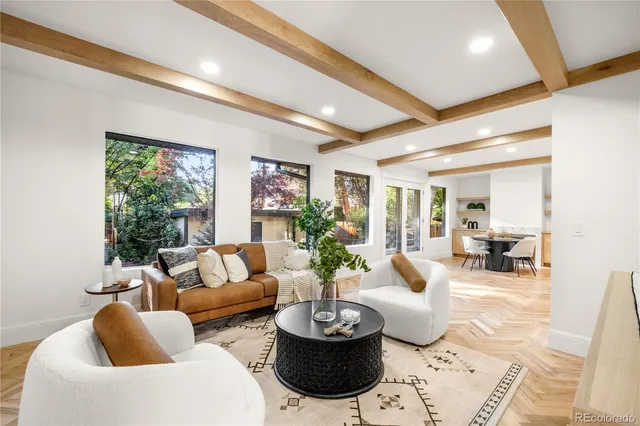 a living room with furniture potted plant and window