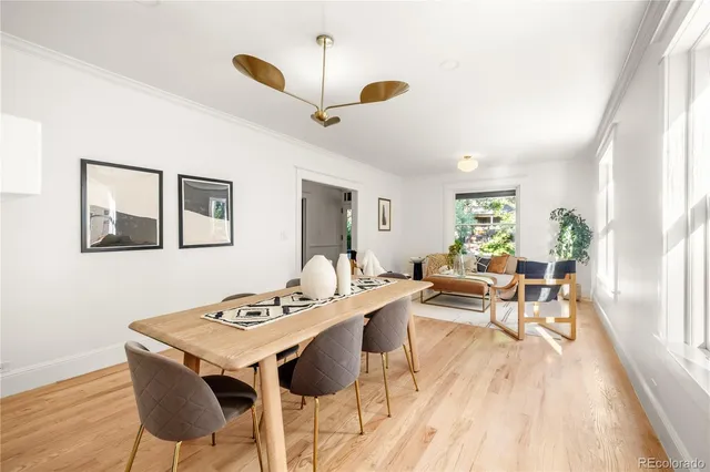 a view of a dining room with furniture window and wooden floor