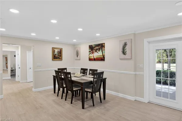 a view of a dining room with furniture