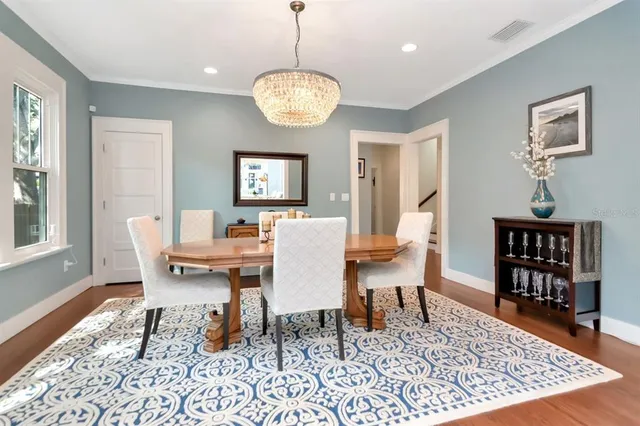 a view of a dining room with furniture