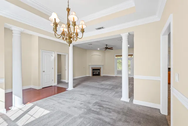 a view of a chandelier in a room