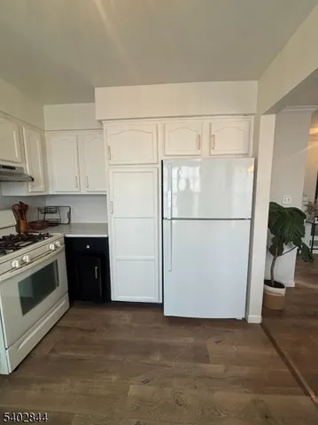 a kitchen with a refrigerator sink stove and cabinets