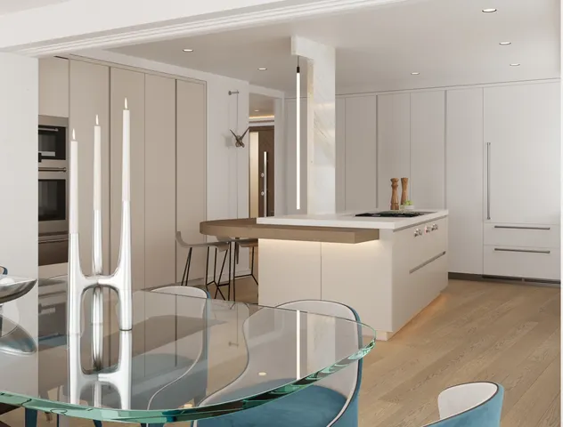 a very nice looking dining room with a large window and chandelier