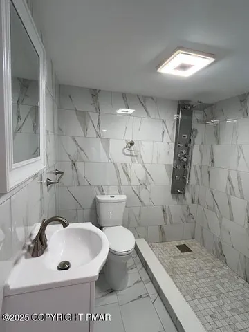 a bathroom with a sink a toilet and shower