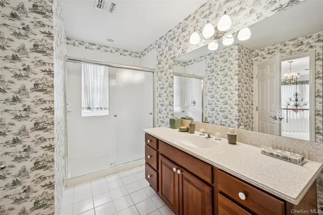 a bathroom with a sink a mirror and a shower