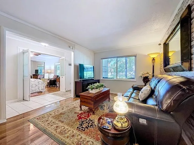 a living room with furniture and a rug