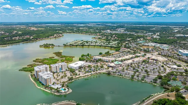 a view of a lake with a city