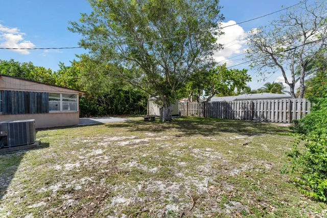 a backyard of a house with plants and large tree