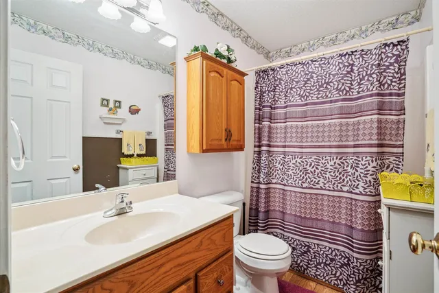 a bathroom with a sink a toilet and shower curtain