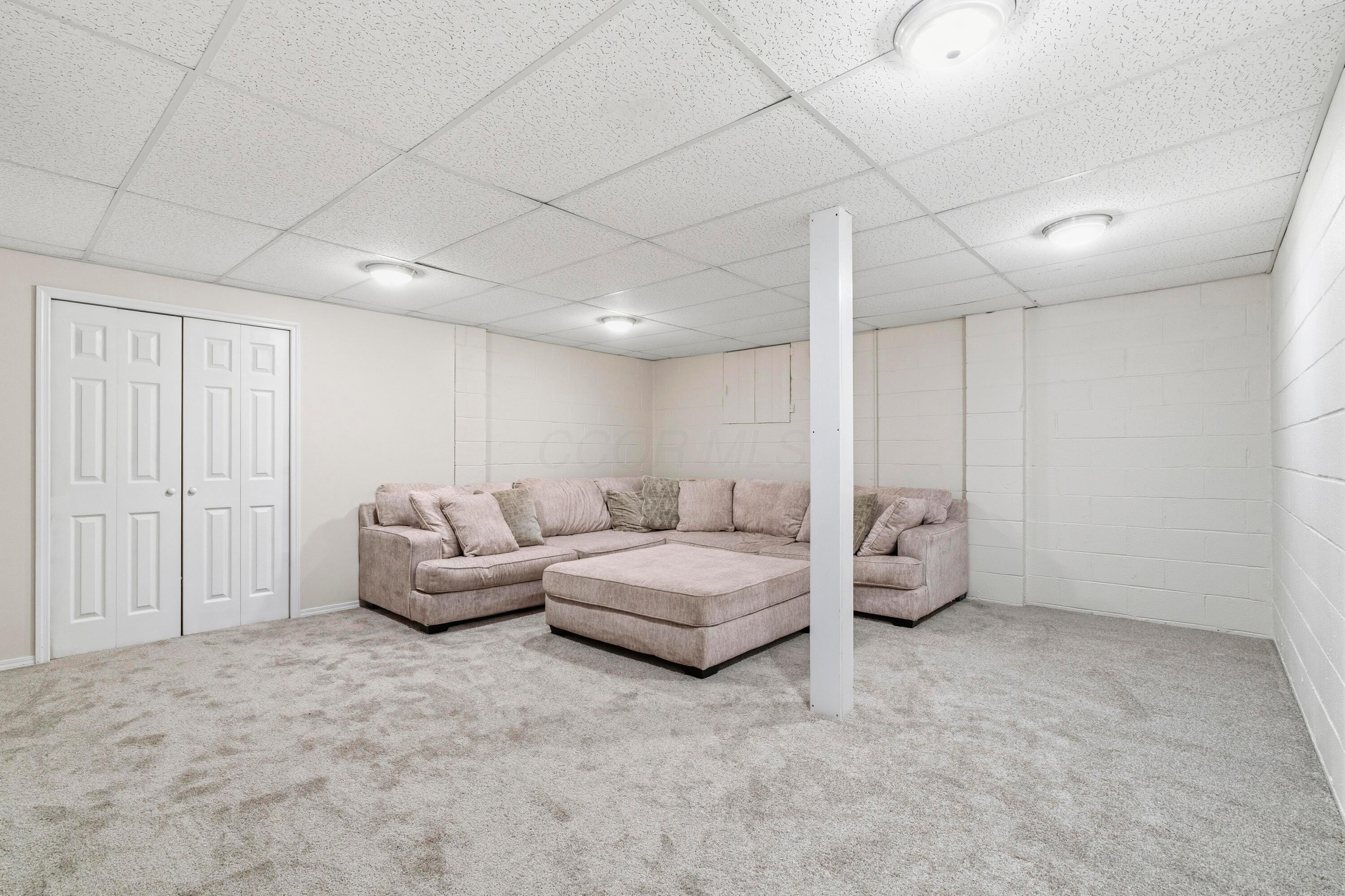 8507 Benner Road Johnstown, OH 43031 - Photo 43 of 69 NEW Carpet in Finished Lower Level, perfect for a play room, media room & more! Storage closet for game/toy storage! Couch and TV remain at no cost!