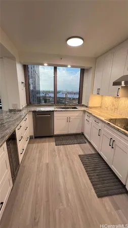 a large kitchen with granite countertop a sink dishwasher stove and cabinets