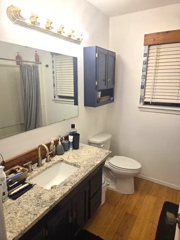 a bathroom with a granite countertop sink and a toilet