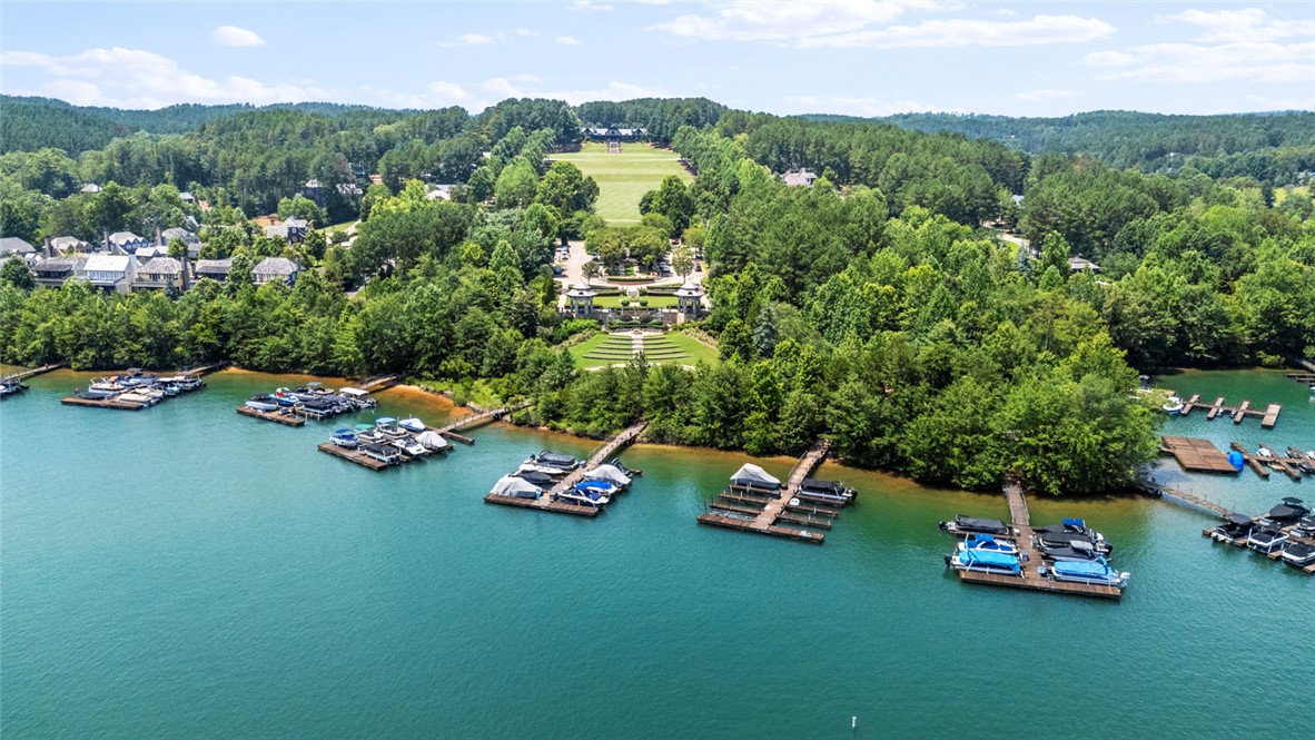 130 River Ridge Road Sunset, SC 29685 - Photo 44 of 47 This aerial view showcases a vibrant waterfront community with extensive boat dockage and lush, well-maintained landscaping.
