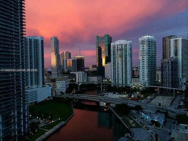 a city view with tall buildings