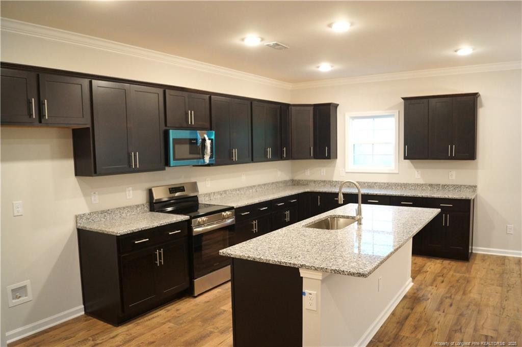 123 Nectar Lane Bunnlevel, NC 28323 - Photo 16 of 36 a kitchen with a sink and a stove top oven with wooden floor