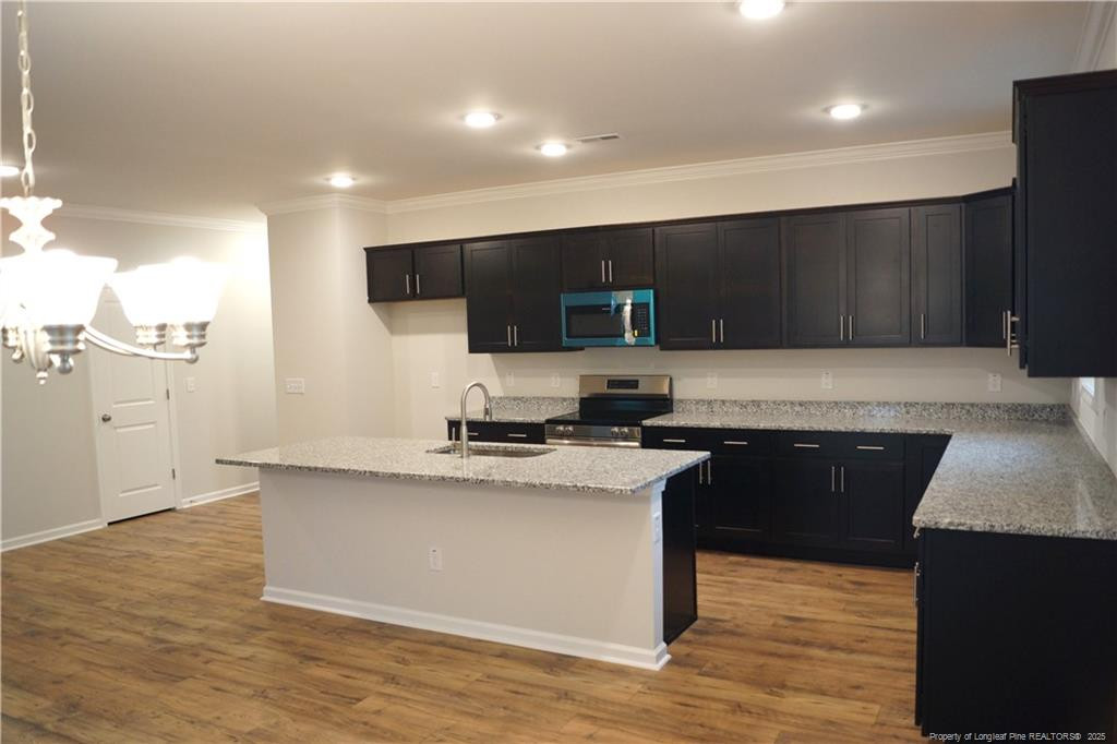 123 Nectar Lane Bunnlevel, NC 28323 - Photo 6 of 36 a kitchen with stainless steel appliances granite countertop a sink a stove top oven a counter space and cabinets