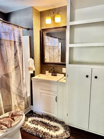 a bathroom with a sink toilet and shower