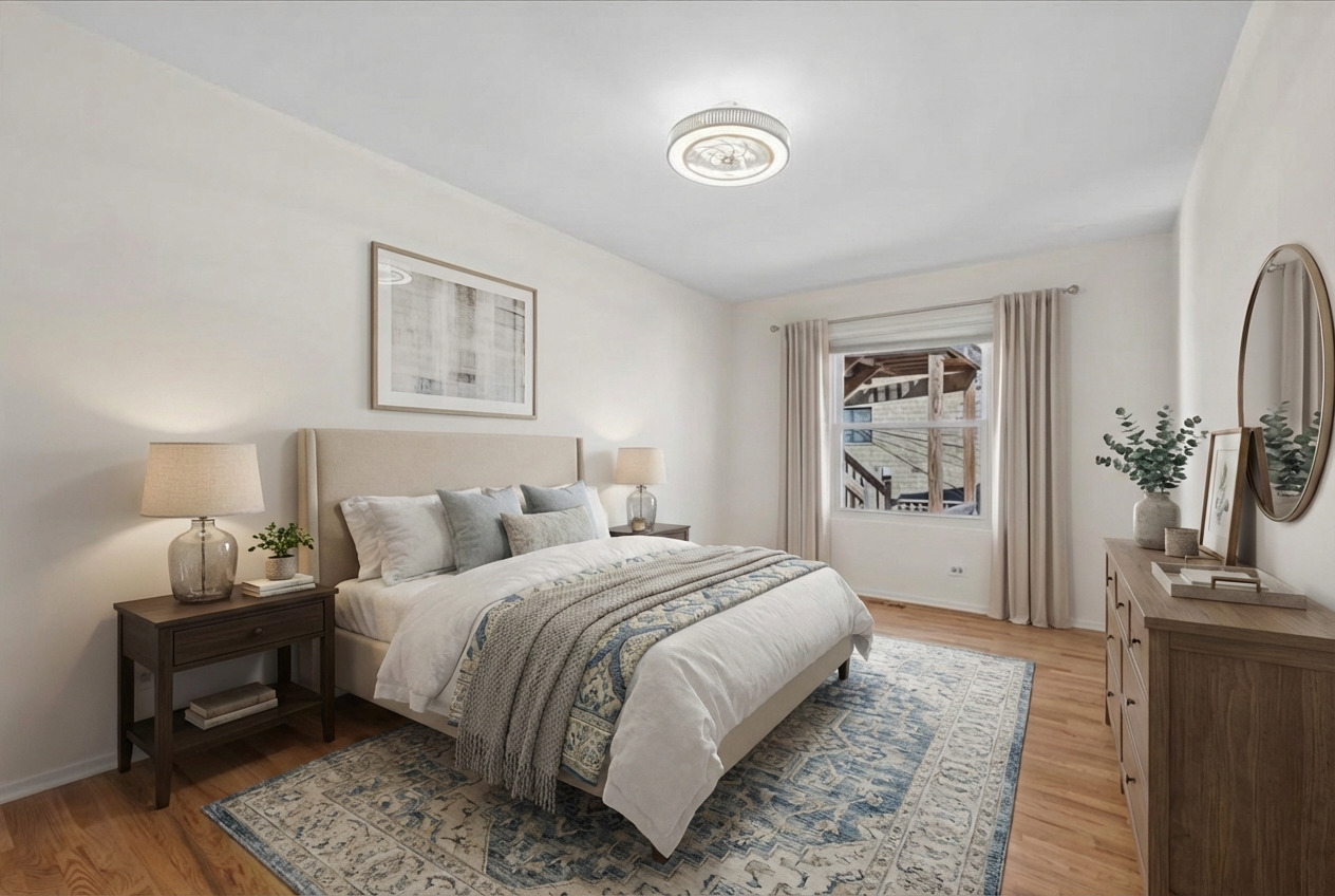 3239 North Kenmore Avenue, Unit 5 Chicago, IL 60657 - Photo 19 of 35 a bedroom with a bed and a flat screen tv