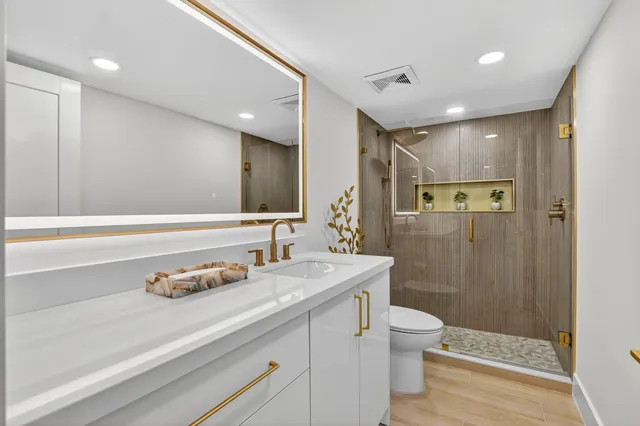 a bathroom with a granite countertop sink a toilet a mirror and shower