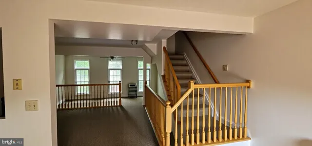 a view of staircase with lots of frames on wall and a window