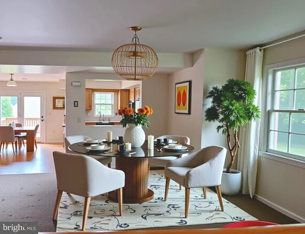 a view of a dining room with furniture a chandelier and wooden floor