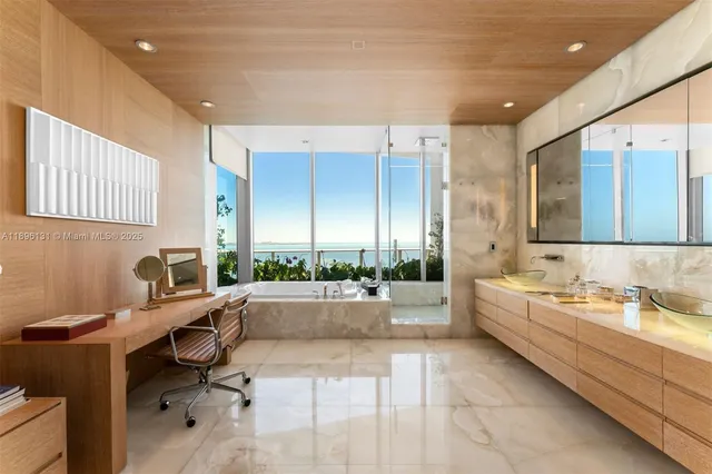 a room with a chair and tables