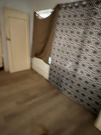 a room with a chair and potted plant