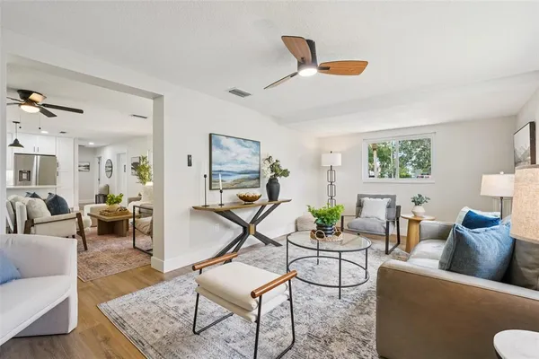 a living room with furniture and a potted plant