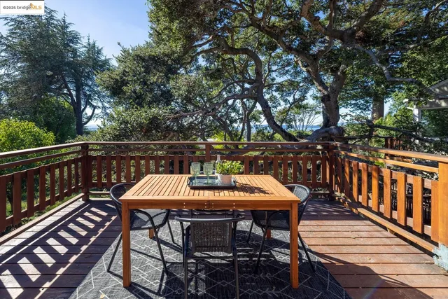 a roof deck with a table and chairs