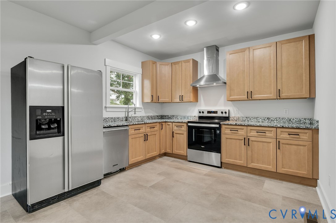 1619 12th Street Victoria, VA 23974 - Photo 12 of 30 a kitchen with granite countertop a refrigerator stove top oven and sink