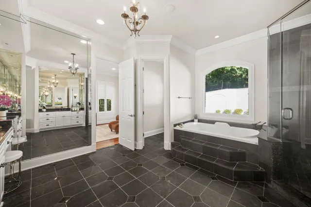 a very nice looking dining room with a fireplace