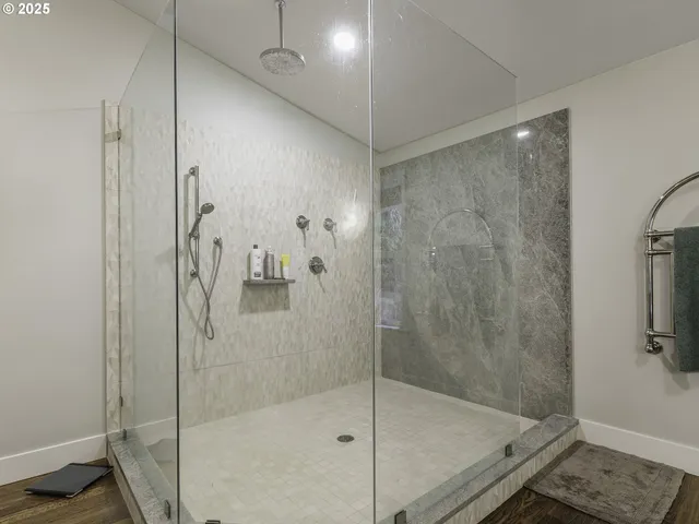 a bathroom with a shower and a toilet
