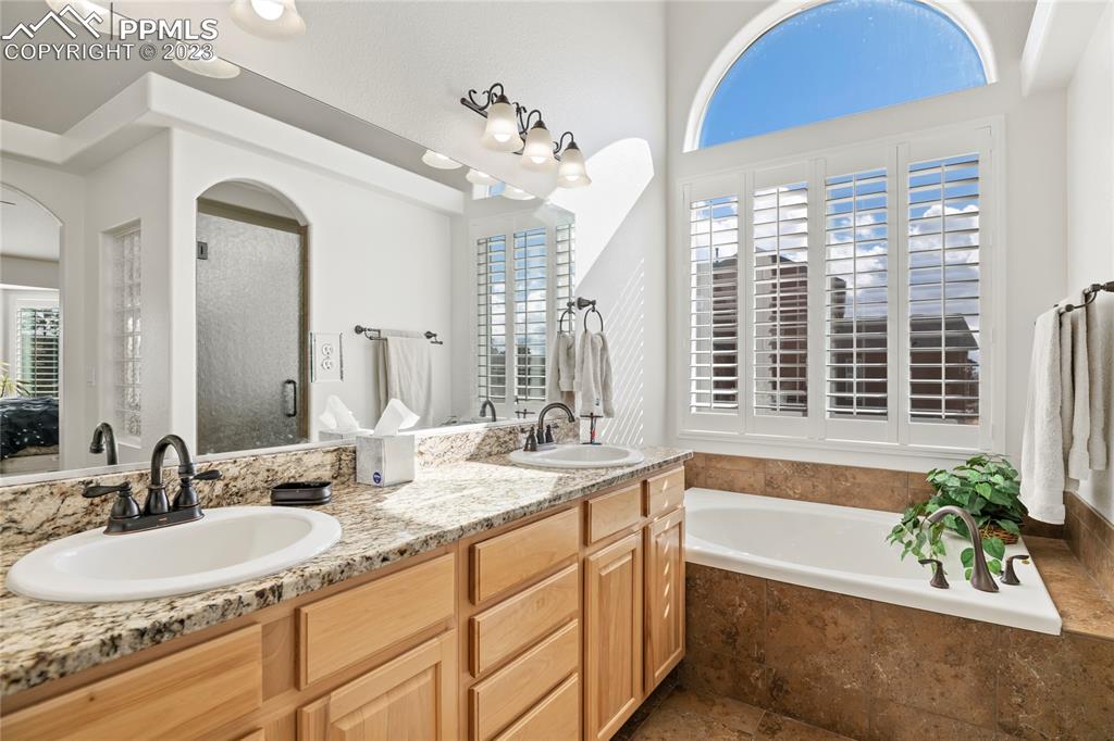 10658 Pictured Rocks Drive Peyton, CO 80831 - Photo 17 of 36 a spacious bathroom with a granite countertop tub a double vanity sink and a large mirror