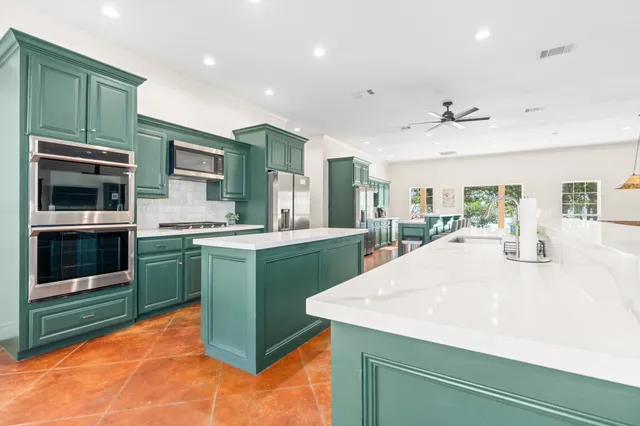 a kitchen with lots of counter top space