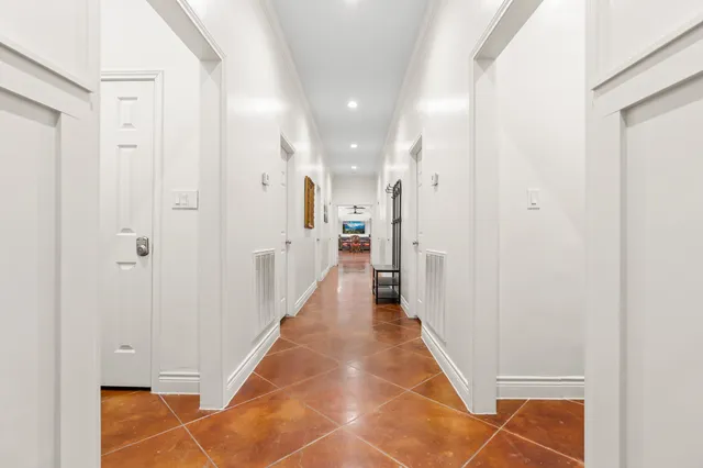 a view of a park with large trees