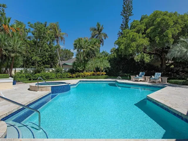 a view of a swimming pool with lounge chair