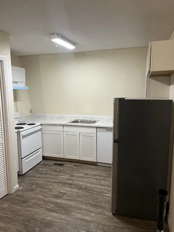 a kitchen with a sink a stove a refrigerator and cabinets