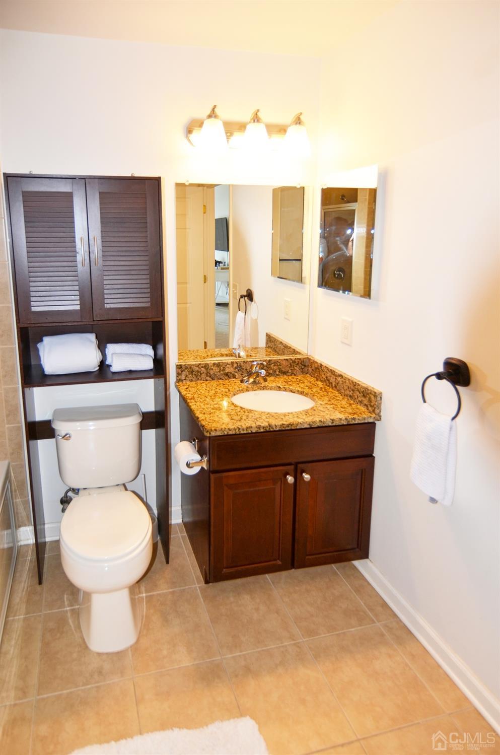 358 Rector Street, Unit 710 Perth Amboy, NJ 08861 - Photo 20 of 35 a bathroom with a granite countertop toilet a sink and a mirror