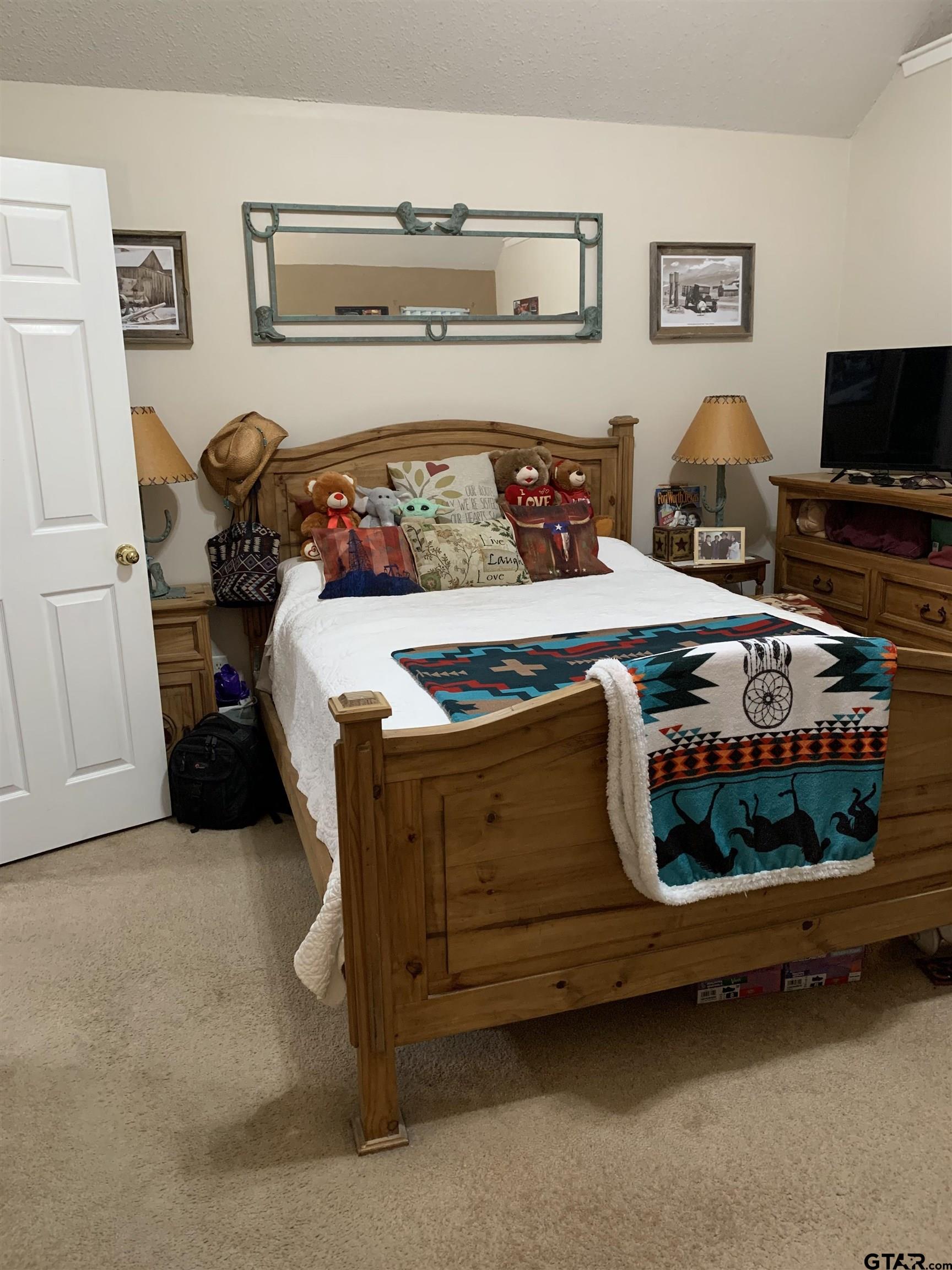 399 Cimarron Trail Holly Lake Ranch, TX 75765 - Photo 18 of 24 a bedroom with a bed and a tv