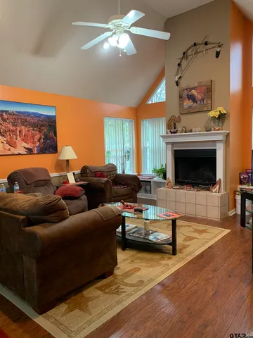 a living room with furniture and a fireplace