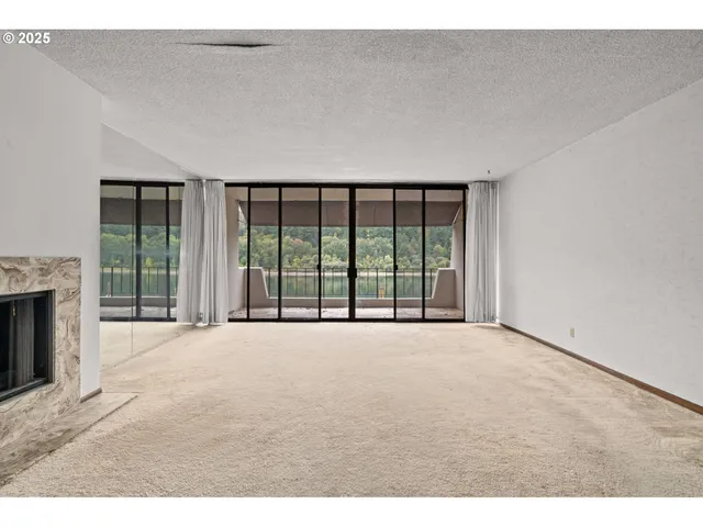 a view of an empty room with a fireplace