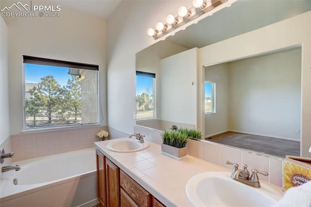 11649 Rio Secco Road Peyton, CO 80831 - Photo 16 of 42 Bathroom featuring double sink vanity and a 5 piece bath