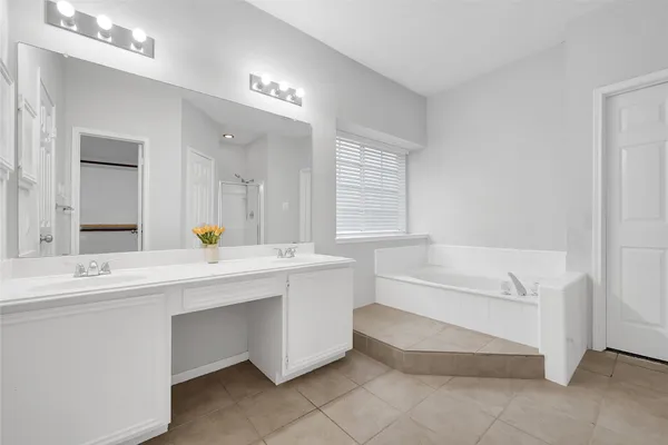 a bathroom with a sink double vanity and a bathtub