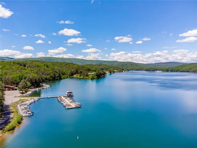 a aerial view of a house with a yard and lake view